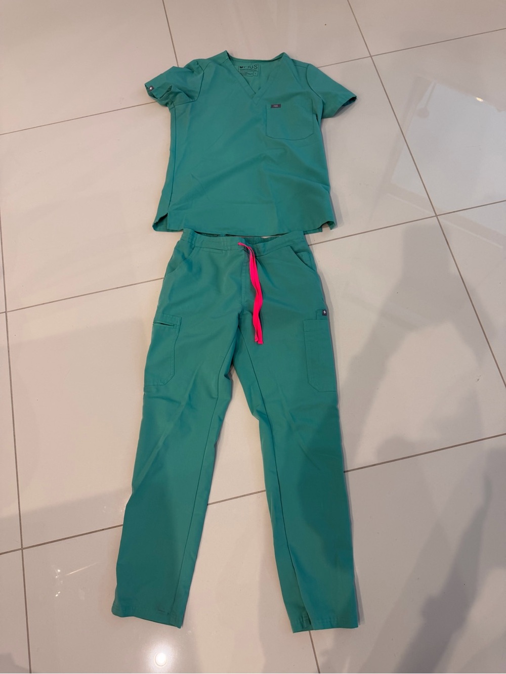 Figs Teal Scrub Set with Pink Drawstring Joggers